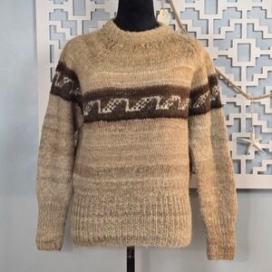 Alpaca-Hl Handmade Bolivia 100% Alpaca Wool Sweater Tan Brown Geometric Mens S M